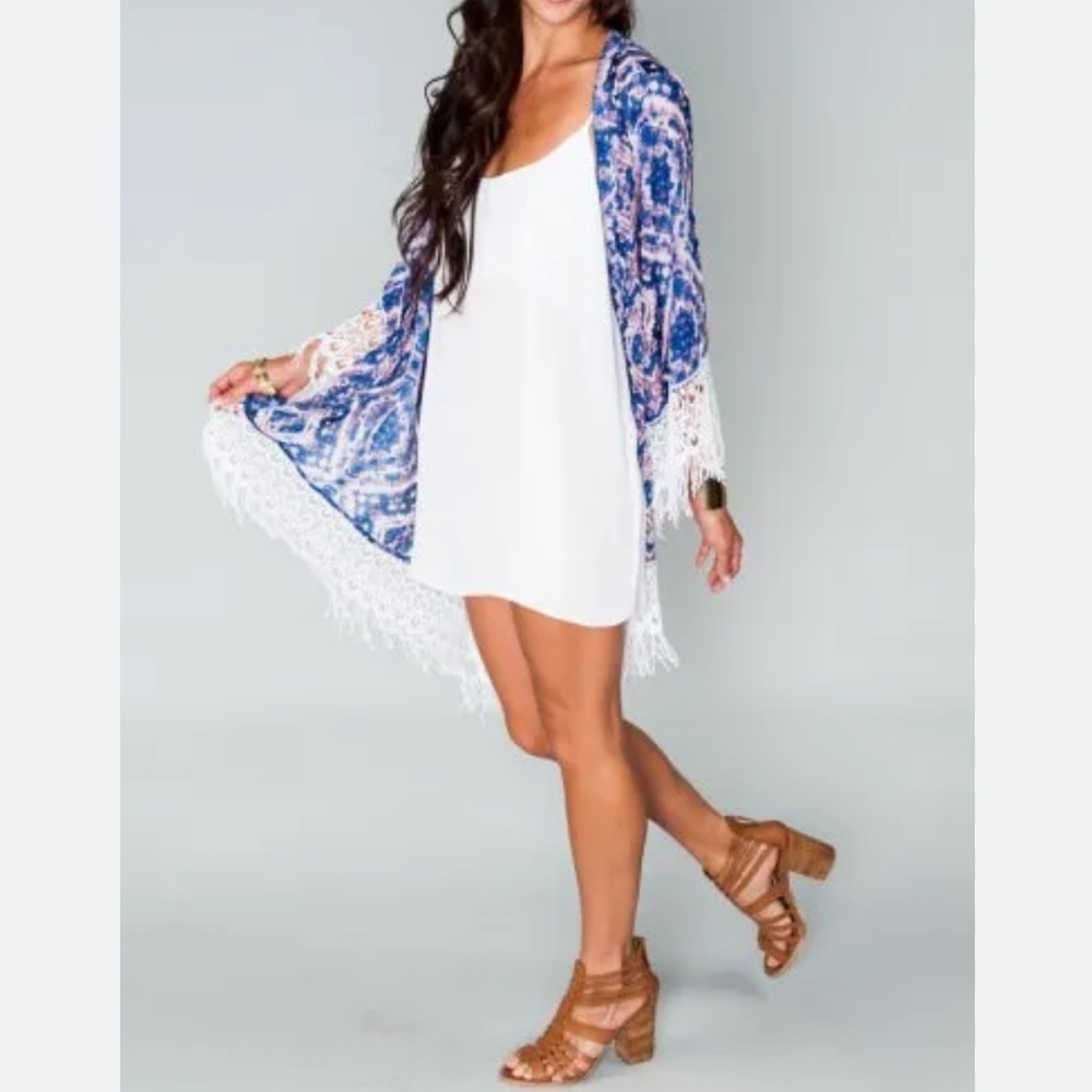 Show Me Your Mumu Meztler Printed Fringe Kimono Size Small Boho Coverup